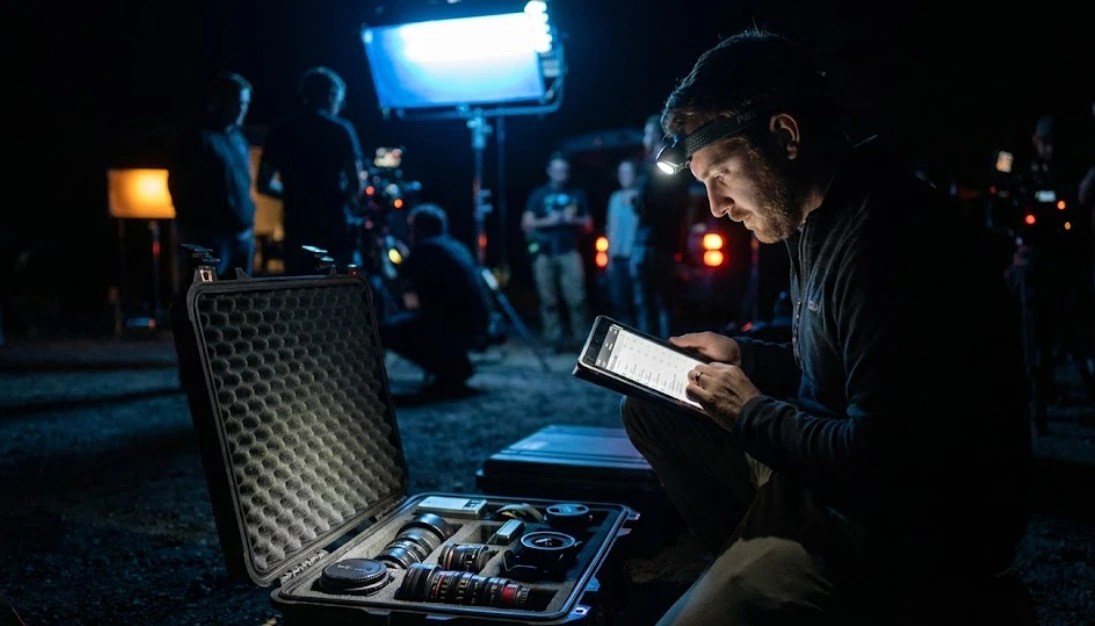 A crew member wearing a headlamp checks a digital inventory list on a tablet next to an open equipment case, demonstrating essential organization and safety night film shoot tips.