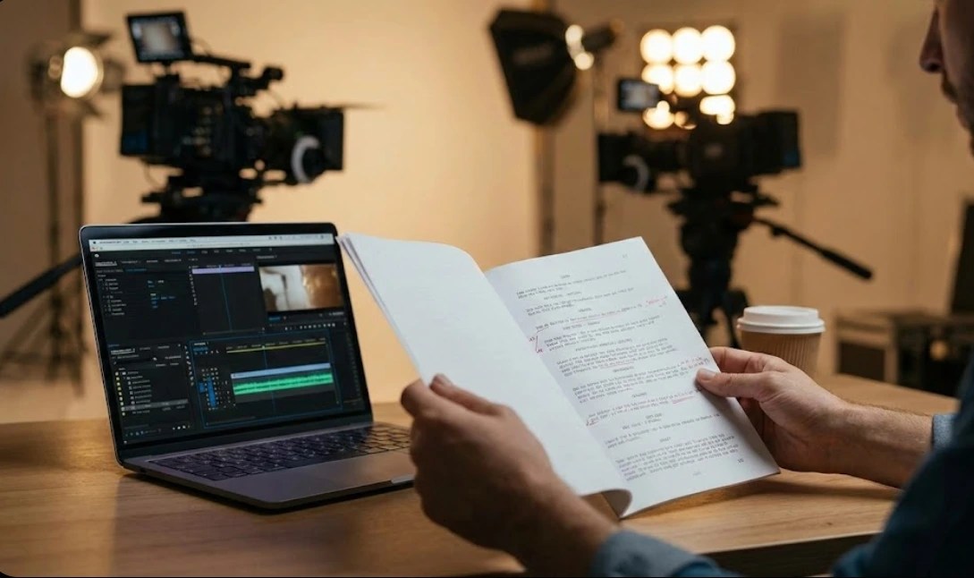 A close-up of a film director's hands holding and reviewing a movie script with red pen notes, seated at a desk with a laptop showing video editing software and a film set with cameras and lights visible in the background.