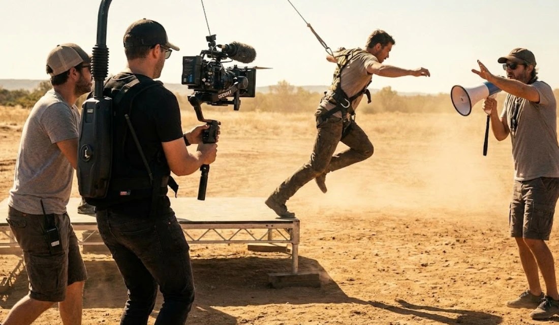 A film crew filming an action sequence outdoors, featuring a stunt performer jumping from a platform while a camera operator with a gimbal rig follows the movement and a director gives instructions with a megaphone.