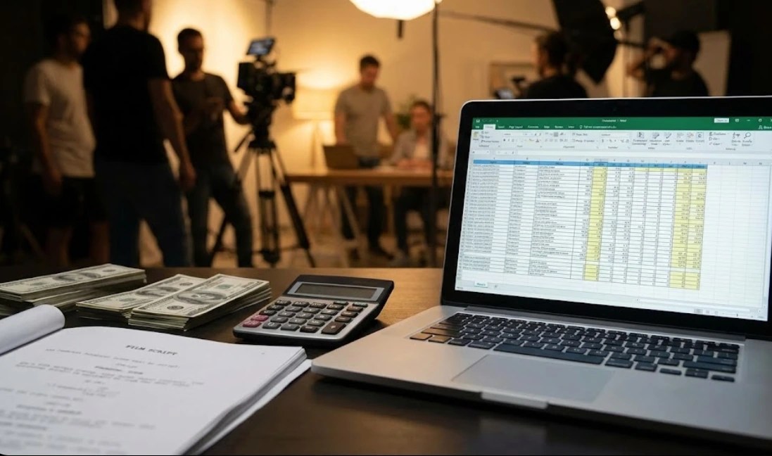 A laptop displaying a detailed film production budget spreadsheet next to a movie script and calculator on a desk, with a film crew setting up lighting equipment in the blurred background.