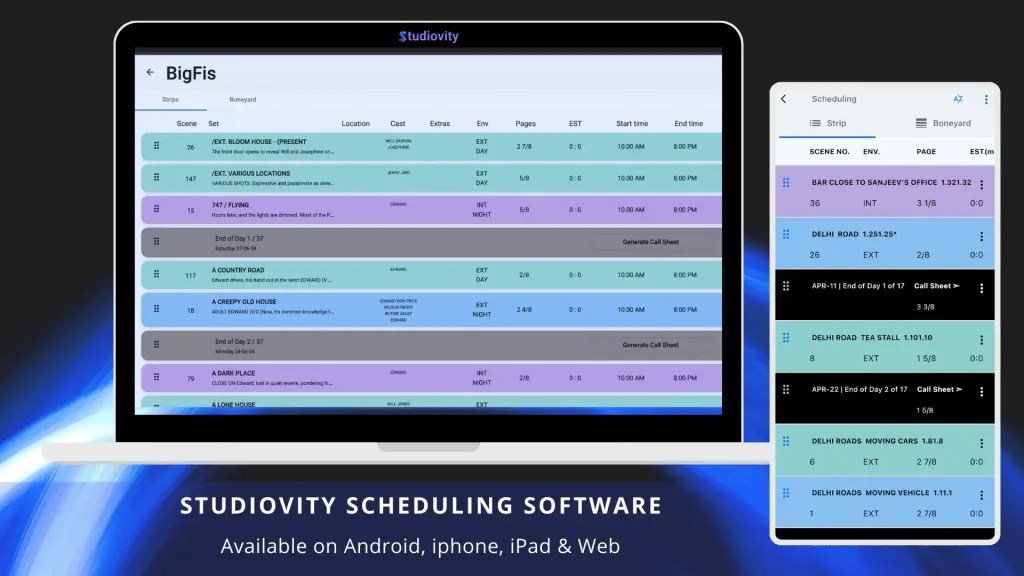 A laptop and iPhone displaying Studiovity's shooting schedule software, featuring a digital stripboard with drag-and-drop scenes, day breaks, and cast tagging for efficient film production planning.