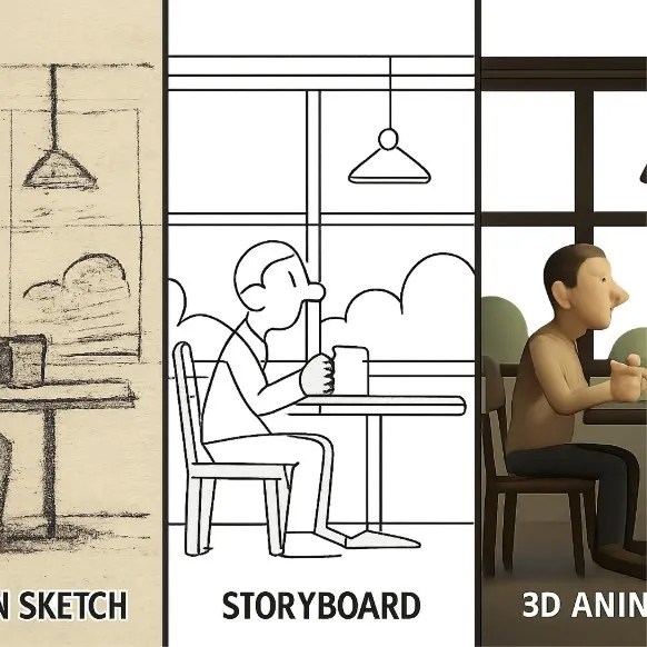 A three-paneled graphic showing a rough napkin sketch, a detailed digital storyboard, and a 3D animatic frame.