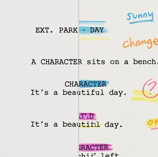 A clean script page on one side transitioning into a colorful, marked-up script with highlighter streaks on the other side.