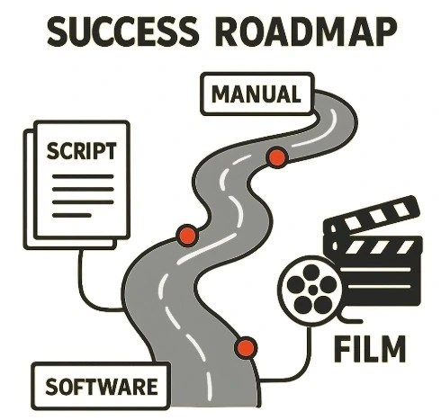 A 'Success Roadmap' graphic showing a path leading from a script to a finished film, with 'Manual' and 'Software' as two different lanes.