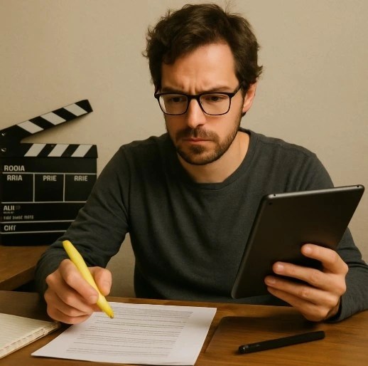 A filmmaker at a desk with a highlighter in one hand and a tablet in the other, symbolizing the choice between manual and digital workflows.