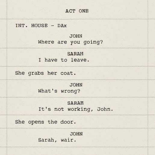A single page of a script divided into eight equal horizontal sections with light pencil lines.