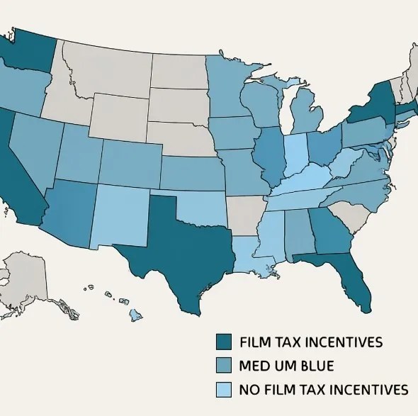 A map of the United States with specific states highlighted to show varying levels of film tax incentives.