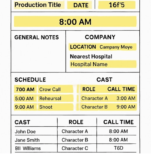 An example of a call sheet with highlighted sections
