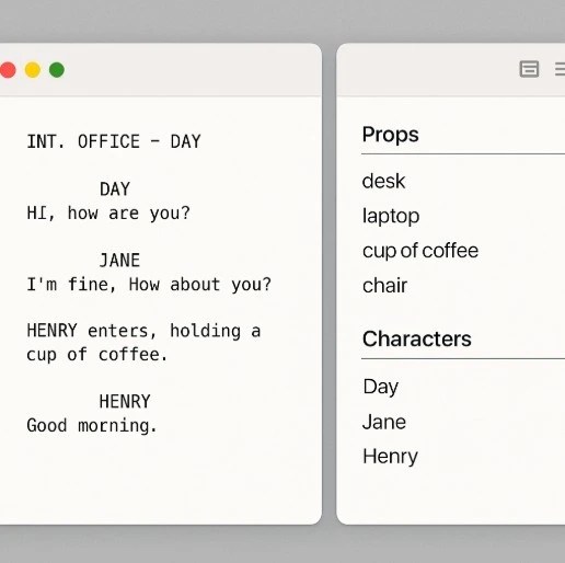 A digital interface showing a script page on the left and a neatly categorized list of 'Props' and 'Characters' on the right.