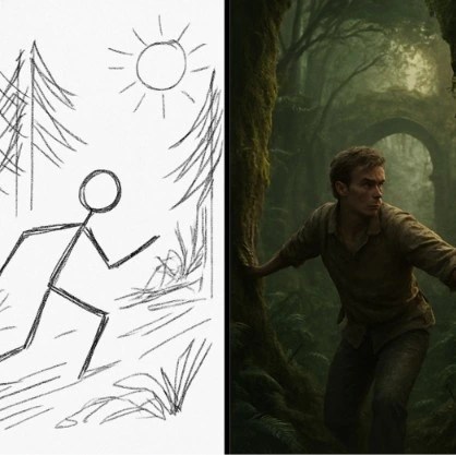A split screen showing a rough stick-figure sketch on the left and a stunningly detailed, cinematic AI-generated storyboard frame of the same scene on the right.