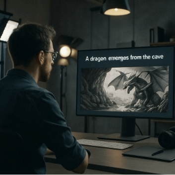A filmmaker in a modern studio looking at a screen where a written sentence about a dragon is being transformed into a detailed cinematic storyboard.