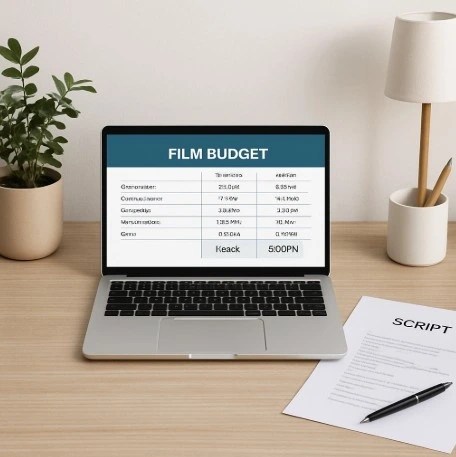 A clean, modern home office setup with a laptop showing a simplified film budget interface alongside a script.