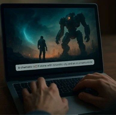 A close-up of a hand typing a descriptive prompt on a laptop, with a cinematic sci-fi scene appearing on the screen.