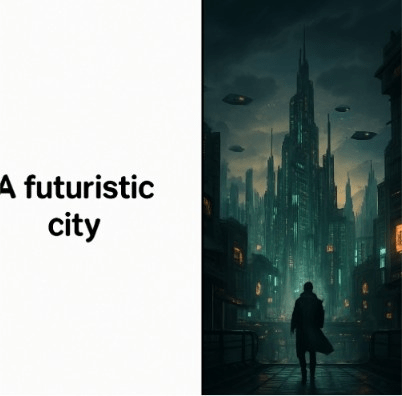 A split-screen comparison showing a simple sentence of text on one side and a high-quality cinematic storyboard panel of a futuristic city on the other.