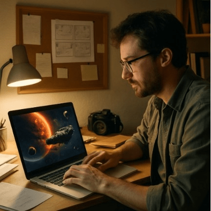 An independent filmmaker in a home office using a laptop to plan an epic space scene that traditionally would require a massive studio budget.