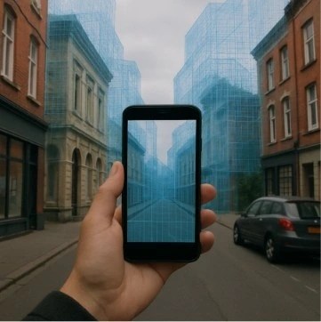 A person holding a smartphone to scan a street, with a digital, translucent 3D mesh growing out of the physical buildings.