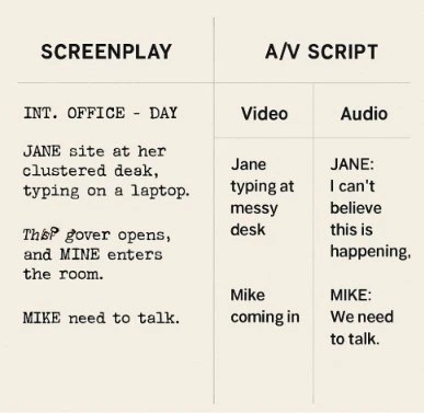 A split screen showing a standard screenplay layout on one side and a two-column AV script layout on the other.