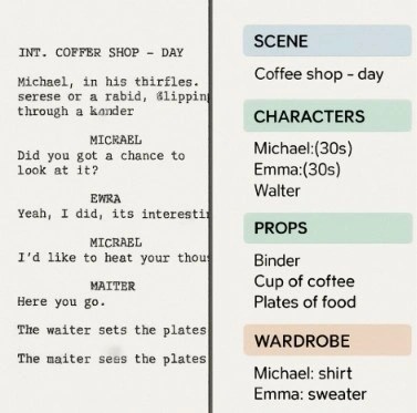 A split-screen visual showing a script page on one side and a neatly categorized list of production elements on the other.