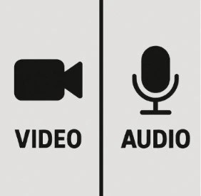 A simple split-screen illustration showing a camera icon on the left column and a microphone icon on the right column to represent Video and Audio.