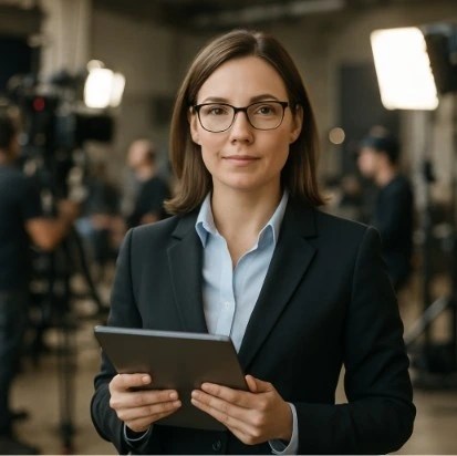 A professional-looking production manager standing on a busy film set holding a digital tablet while cameras and lights are blurred in the background.