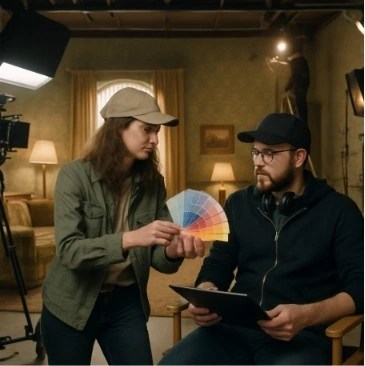 A wide-angle shot of a meticulously designed film set with a production designer holding a color palette next to the director.