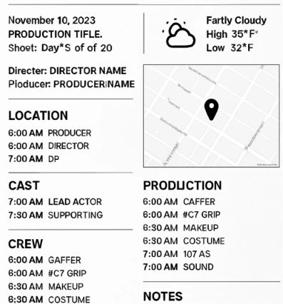 A clean, professional Call Sheet generated by software showing clearly labeled call times, weather, and location map.