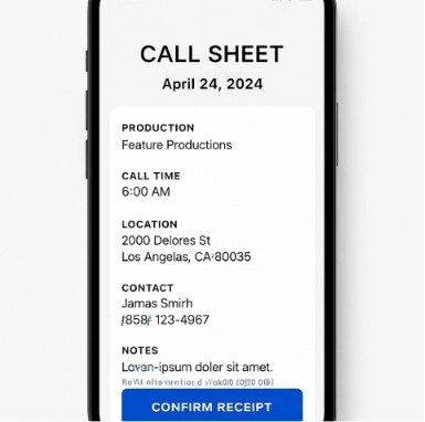 A sleek smartphone interface showing a digital call sheet with a 'Confirm Receipt' button.