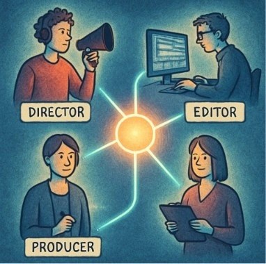 A conceptual illustration of diverse creative professionals (director, editor, producer) connected by glowing lines to a central hub.