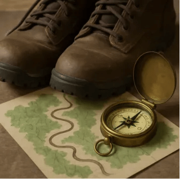 A pair of hiking boots and a weathered brass compass resting on a simple map of a winding forest path.