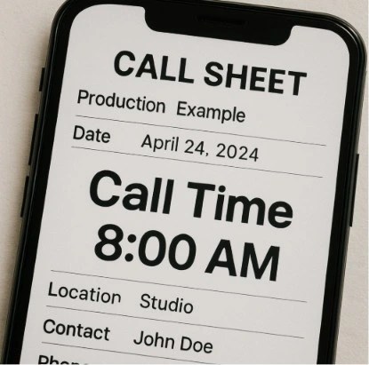 A close-up of a smartphone screen displaying a clear, easy-to-read digital call sheet with 'Call Time' highlighted in large font.