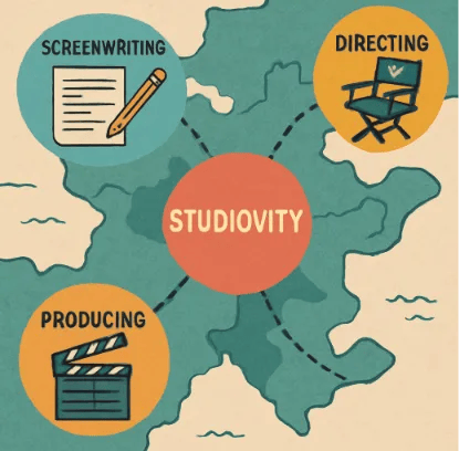 A stylized map showing how Studiovity connects different departments like Screenwriting, Directing, and Producing on one platform.