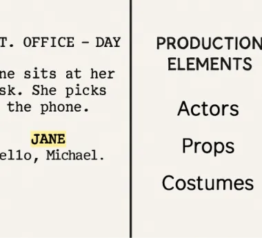 A split-screen showing a script on the left with highlighted words and a neat list of production elements (Actors, Props, Costumes) on the right.