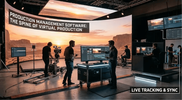 A virtual production stage crew using advanced production management software for live camera tracking, asset sync, and real-time environment editing on a massive LED volume.