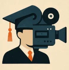 An illustration showing a graduation cap transitioning into a film camera, symbolizing the bridge between school and career.