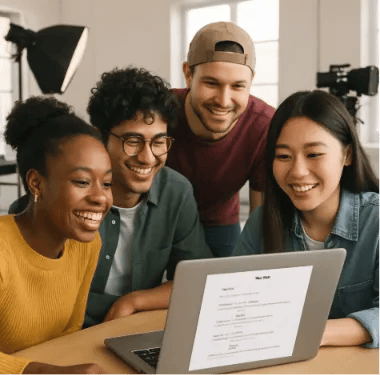 A diverse group of film students gathered around a laptop in a brightly lit studio, smiling and looking at a digital script.
