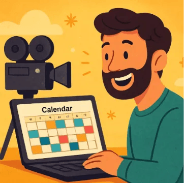 A friendly, bright illustration of a filmmaker smiling while looking at a clean, organized digital calendar on a laptop.