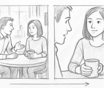 A simple sketch of a two-person dialogue scene in a cafe, showing a medium shot and a close-up, illustrating how a storyboard visualizes the script.
