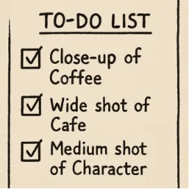 A simple illustration of a 'To-Do List' where the items are 'Close up of Coffee', 'Wide shot of Cafe', and 'Medium shot of Character'.
