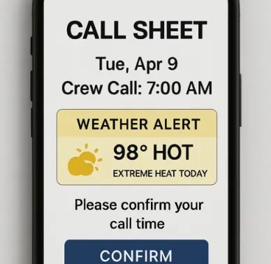 A smartphone screen displaying a digital 'Call Sheet' with a clear weather alert and a 'confirm' button for crew members.