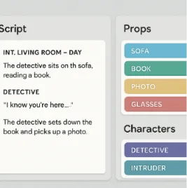 A clean, user-friendly dashboard showing a script on the left and a color-coded list of props and characters on the right.