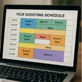 A high-quality photo of a laptop screen showing a colorful, organized film shooting schedule with different blocks of time.