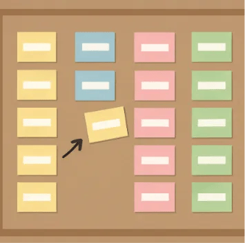 A simple visual representation of 'strips' of paper being moved around a digital board into color-coded groups.