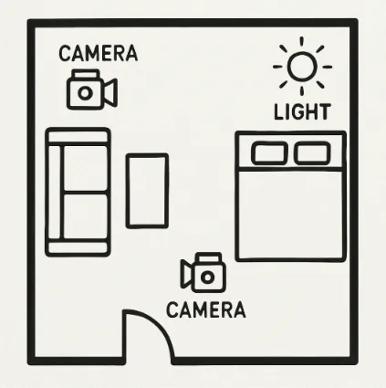 A simple overhead floor plan of a room showing two camera positions and one light source position.