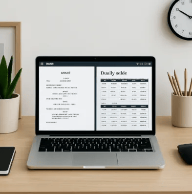 A clean, modern workspace with one laptop open showing a professional filmmaking dashboard with script and schedule side-by-side.