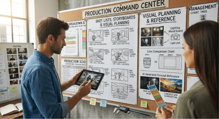 A man using a digital tablet and a woman holding a color swatch look at a large corkboard labeled "Production Command Center" containing shot lists, storyboards, and lens comparison charts.