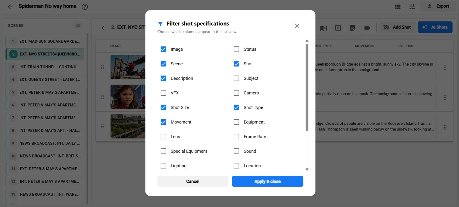 Interface for filtering and customizing shot specifications in a film production storyboard tool.