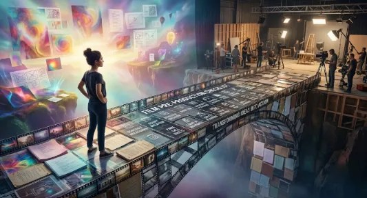 A person stands on a bridge made of checklist entries and film reels, which crosses a glowing mental idea space on the left to an organized physical film studio set on the right.