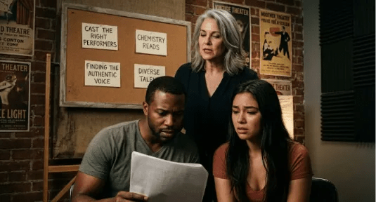 An older woman stands behind two seated actors who are focused on performance notes from a script in a studio with exposed brick walls, vintage theatre posters, and a corkboard.