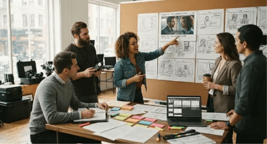 A creative production team collaborating on a film storyboard in a modern studio.