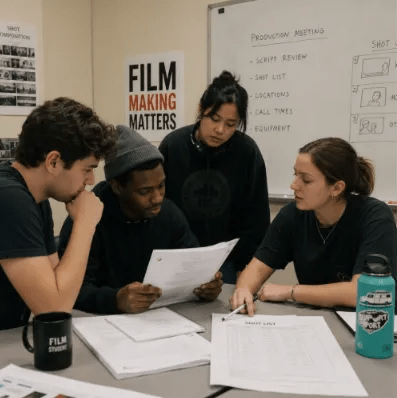 Film students collaborating on production workflows, shot lists, and script reviews in a classroom utilizing educational tools for industry-ready skills.